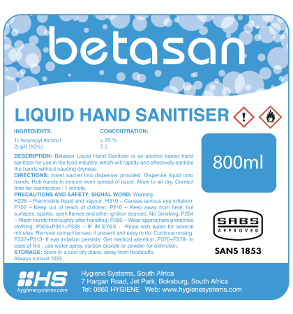 BETASAN LIQUID HAND SANITISER SACHET - 800ml x 6